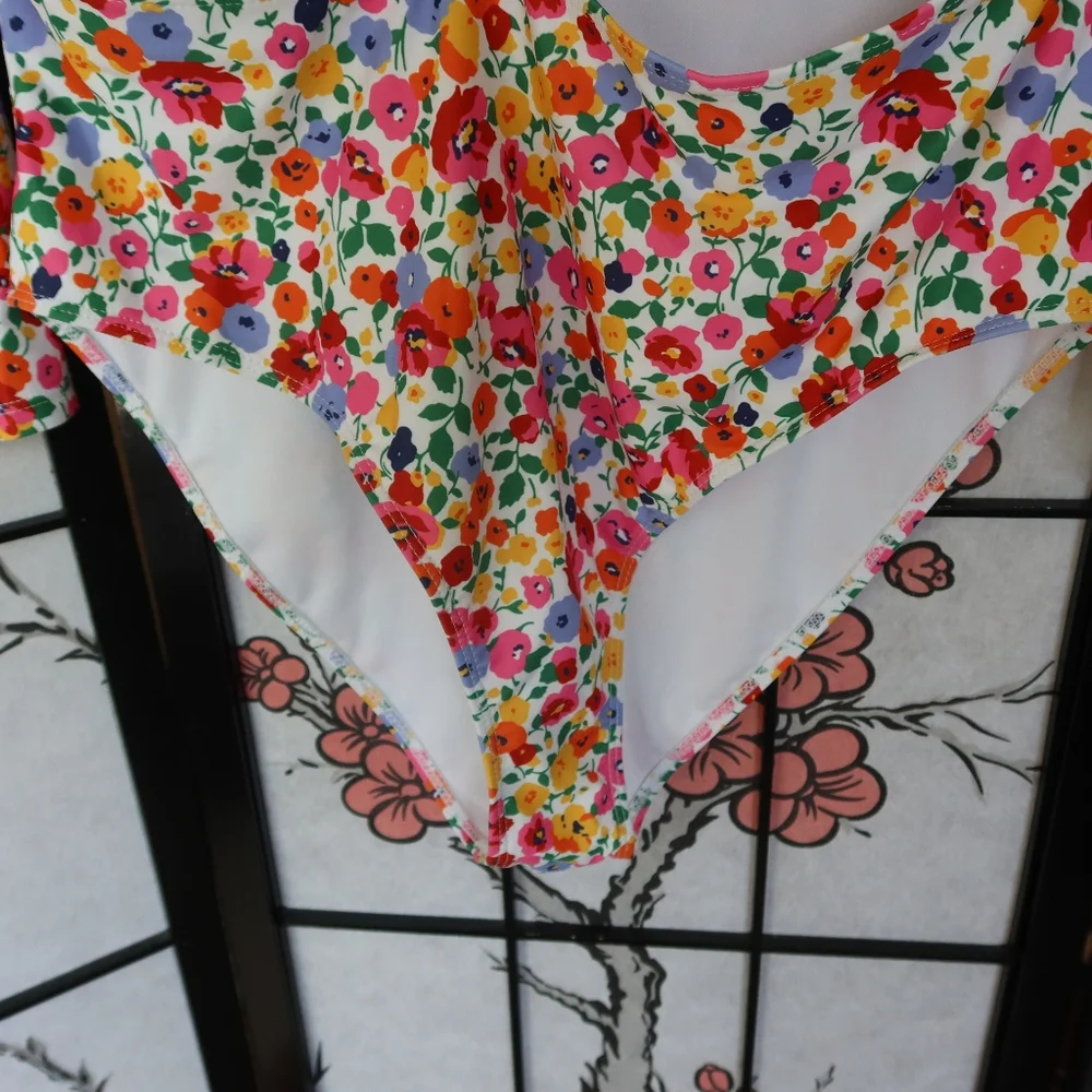 SHEIN Red Pink Floral Long Sleeve Cut Out Tie Chest Swimsuit Plus Size 2XL NWOT